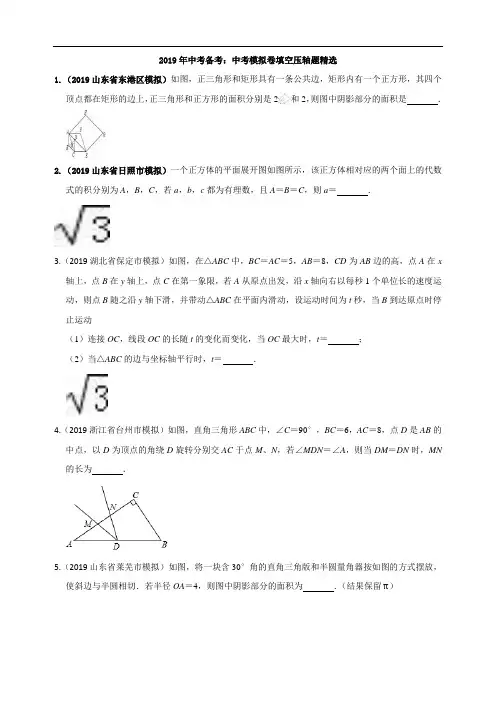 2019年数学中考备考冲刺：中考模拟卷填空压轴题精选含精析