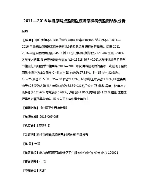 2011—2016年流感哨点监测医院流感样病例监测结果分析