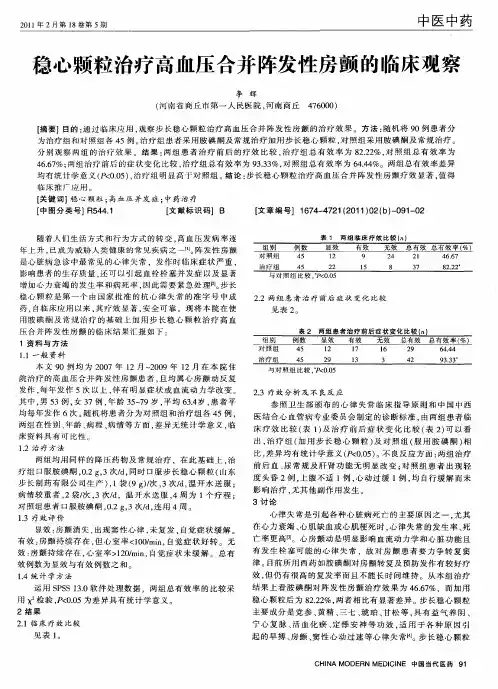 稳心颗粒治疗高血压合并阵发性房颤的临床观察