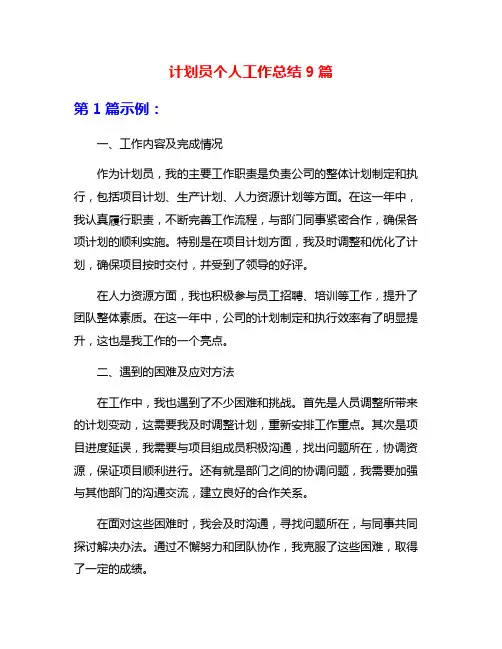计划员个人工作总结9篇
