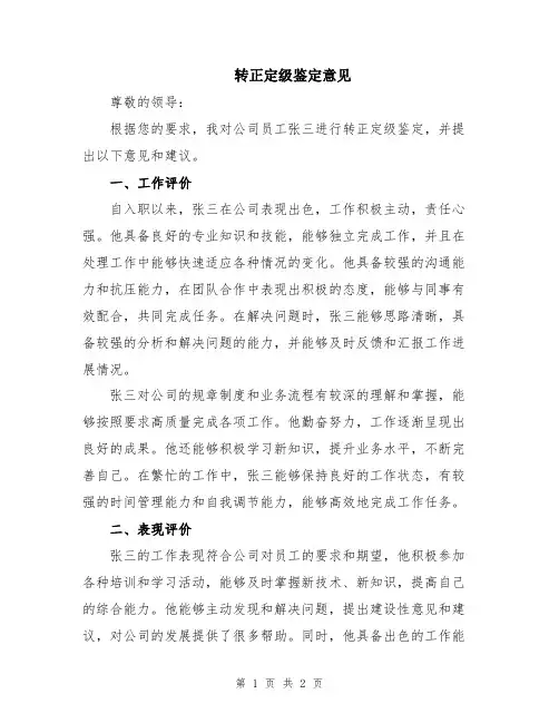 转正定级鉴定意见