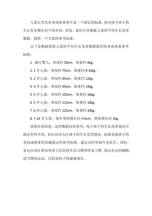 儿童正常发育身高体重表