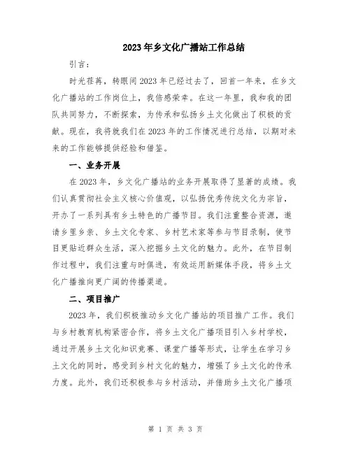 2023年乡文化广播站工作总结