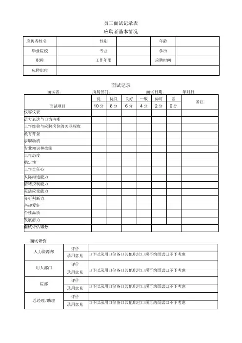 公司员工面试记录表