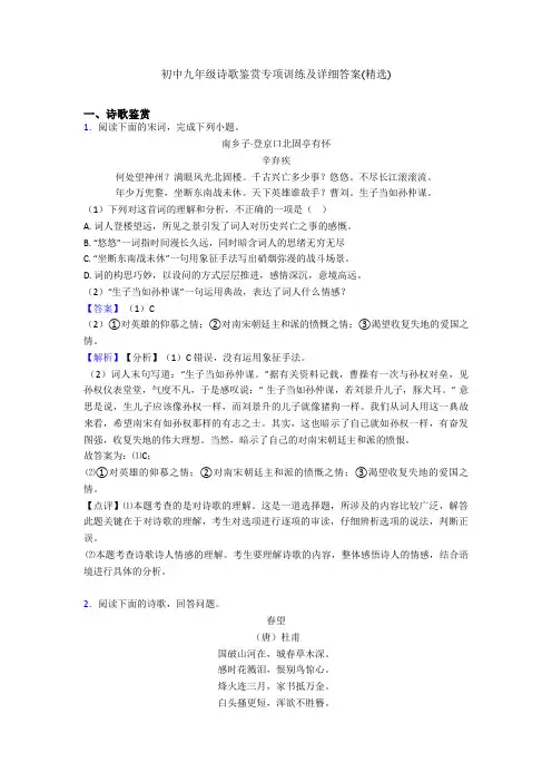 初中九年级诗歌鉴赏专项训练及详细答案(精选)