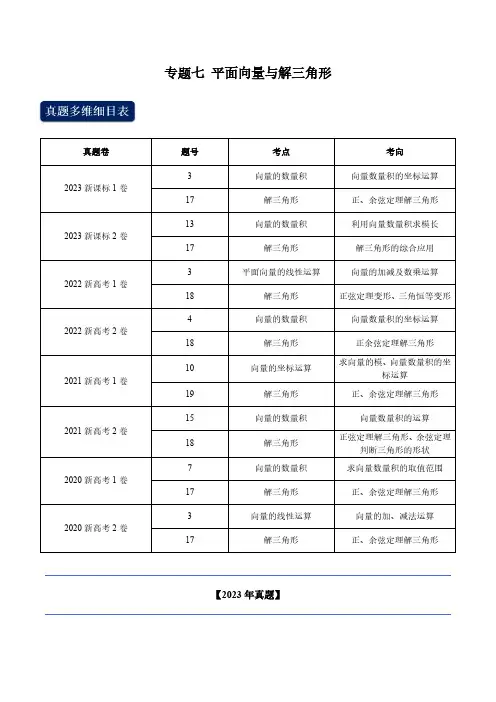高考数学真题专题分类汇编专题七 平面向量(教师版)