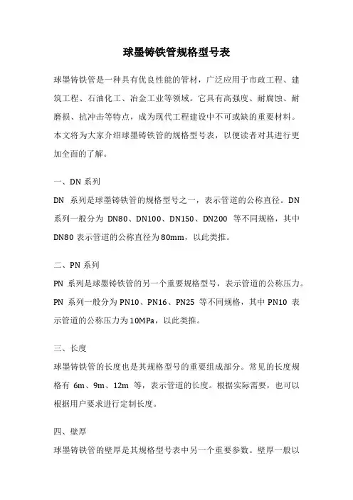 球墨铸铁管规格型号表