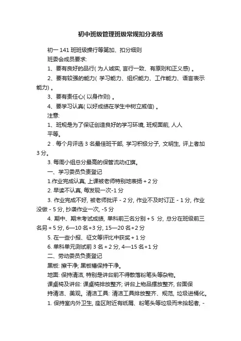 初中班级管理班级常规扣分表格