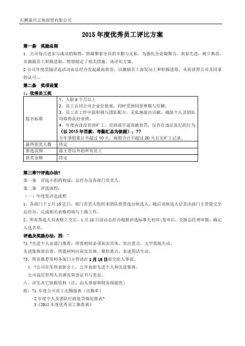 2015年度优秀员工评比方案