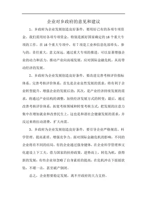 企业对乡政府的意见和建议