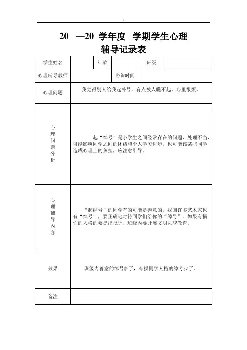 初级中学学生心理辅导资料记录资料表模板