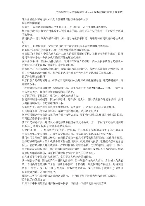 外六角螺栓头部对边尺寸及配合使用的国标扳手规格尺寸表