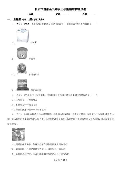 自贡市富顺县九年级上学期期中物理试卷