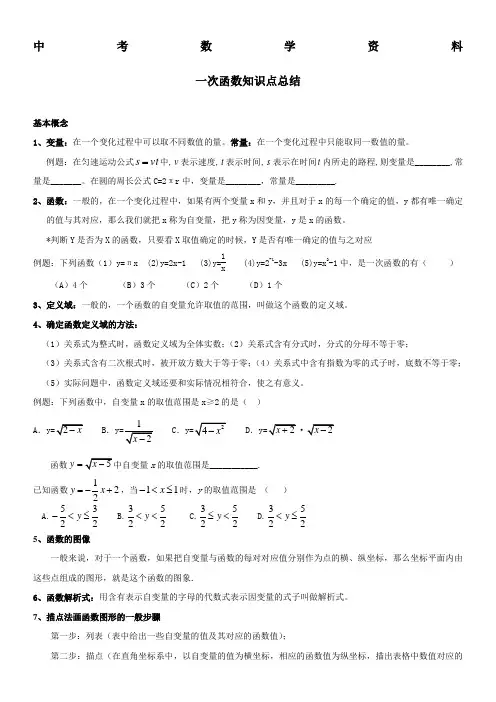 初二数学一次函数知识点总结