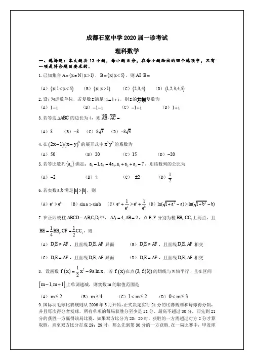 广西南宁二中、成都石室中学2020届一诊考试理科数学