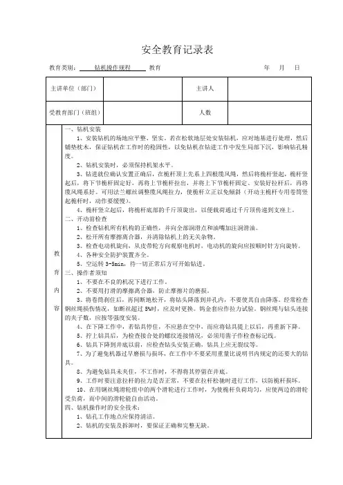 安全教育记录表(各项操作规程)