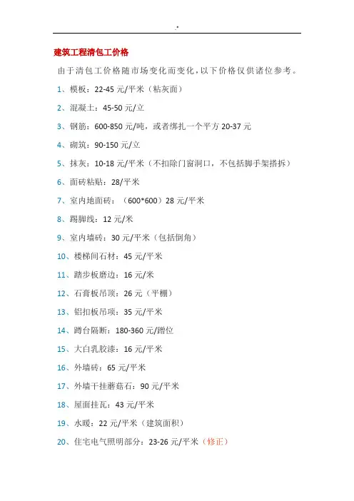 2018年度土建项目工程劳务价格