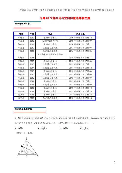 十年真题(-2019)高考数学真题分类汇编 专题09 立体几何与空间向量选择填空题 理(含解析)