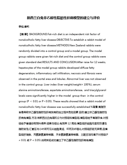 新西兰白兔非乙醇性脂肪性肝病模型的建立与评价