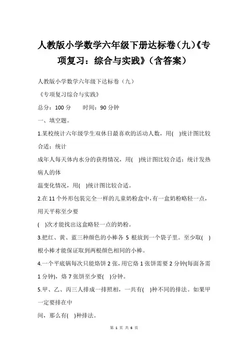 人教版小学数学六年级下册达标卷(九)《专项复习：综合与实践》(含答案)