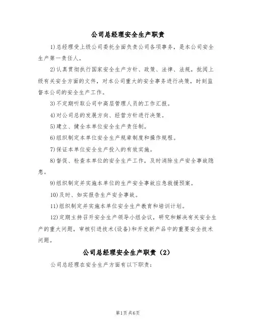 公司总经理安全生产职责（5篇）