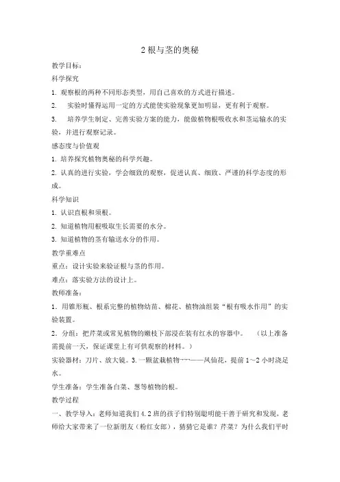 四年级上册科学教案-1.2 根与茎的奥秘-湘科版