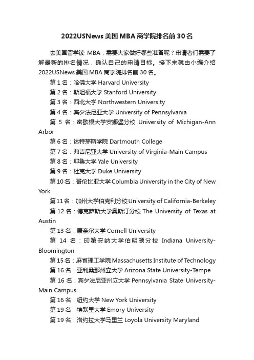 2022USNews美国MBA商学院排名前30名
