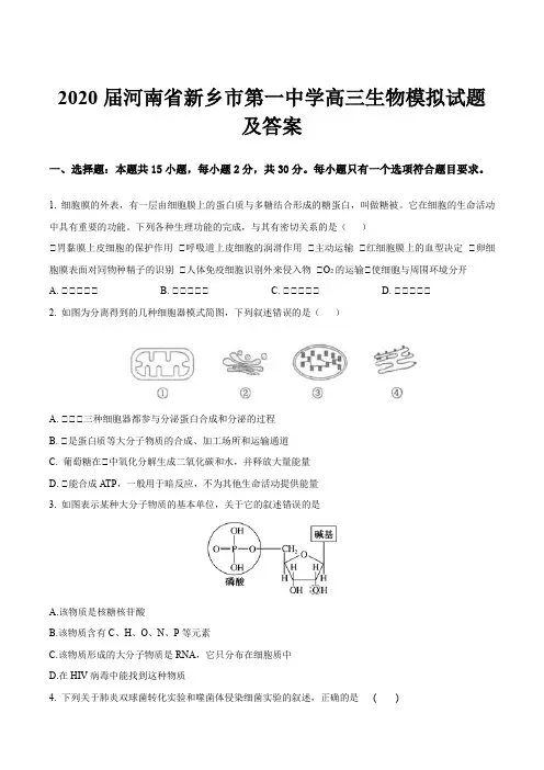 2020届河南省新乡市第一中学高三生物模拟试题及答案