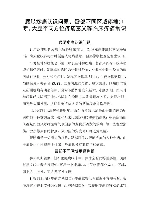 腰腿疼痛认识问题、臀部不同区域疼痛判断、大腿不同方位疼痛意义等临床疼痛常识