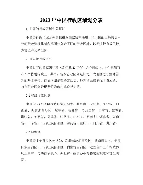 2023年中国行政区域划分表