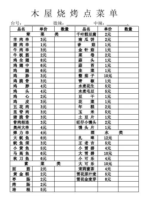 木屋烧烤点菜单