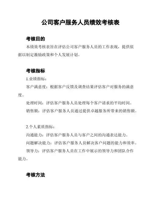公司客户服务人员绩效考核表
