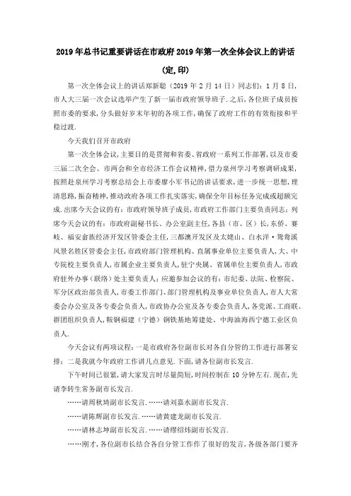2019年总书记重要讲话 在市政府2019年第一次全体会议上的讲话(定,印) 精品