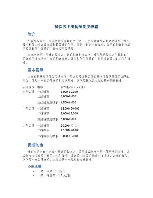 餐饮店主厨薪酬制度表格