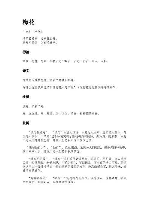 古诗《梅花》(作者王安石)原文全文、诗意赏析及意思翻译