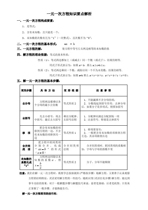 七年级数学第三章《一元一次方程》知识要点解析