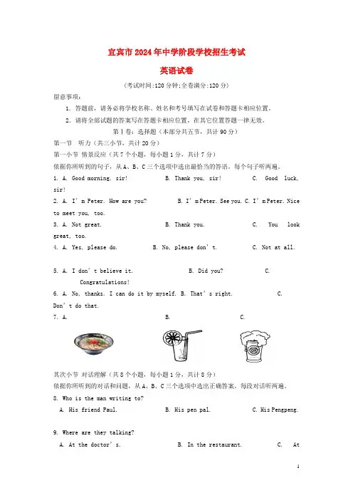 四川省宜宾市2024年中考英语真题试题(含答案)