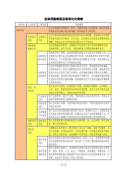 总体风险框架及标准化分类表