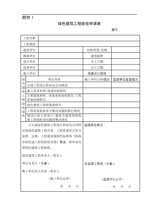 绿色建筑工程验收申请表【模板】