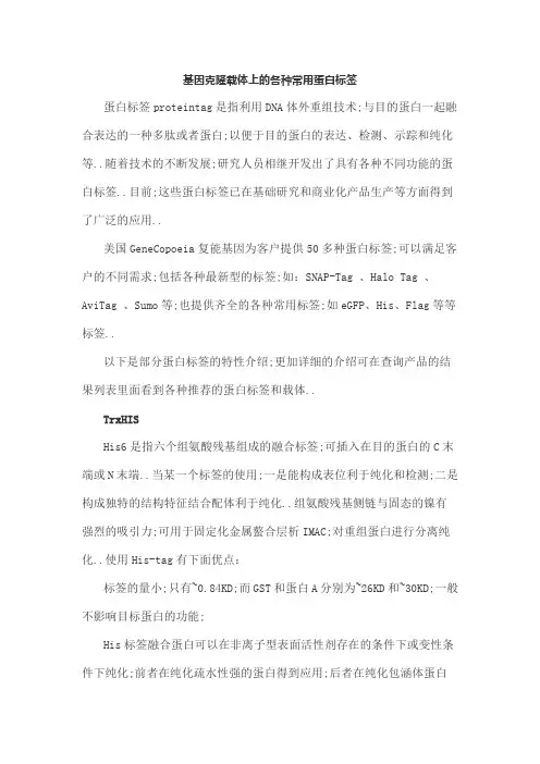 基因克隆载体上的各种常用蛋白标签