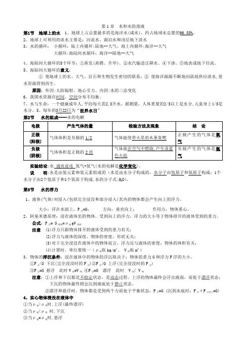 八上第一章 水和水的溶液基础知识