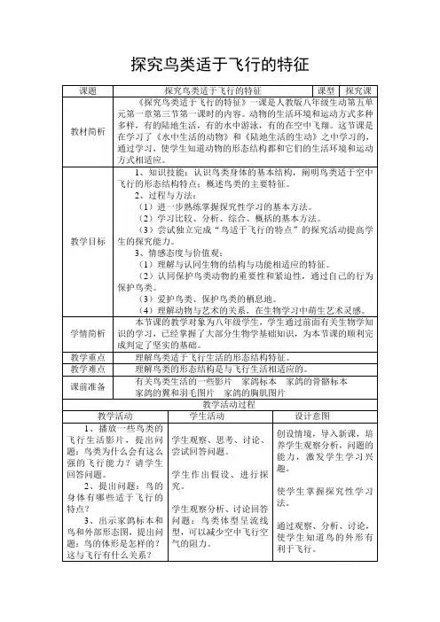探究鸟类适于飞行的特征