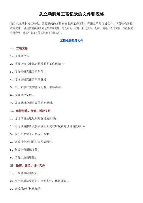 从立项到竣工需记录的文件和表格