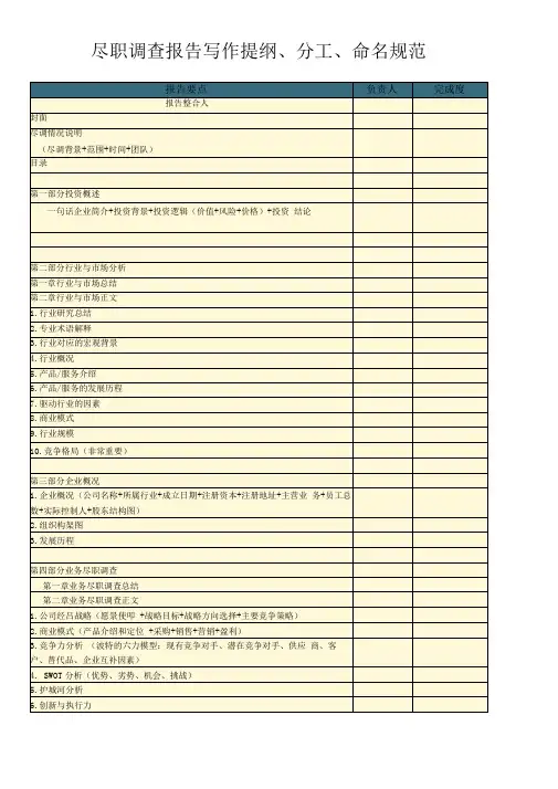 尽调报告_写作提纲、分工、命名规范