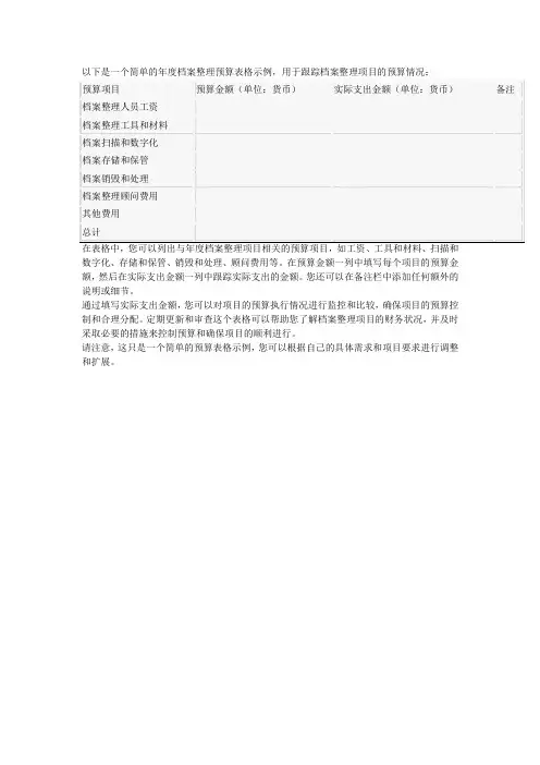 年度档案整理预算表格
