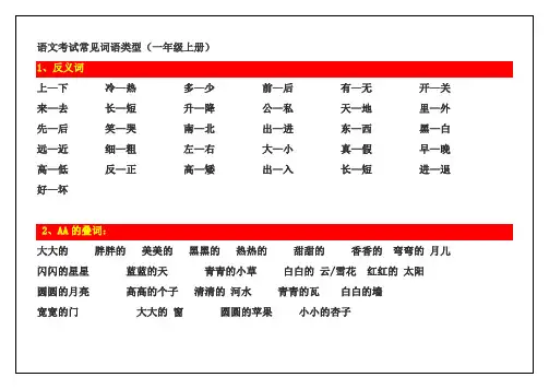 一年级上册语文考试常见词语类型