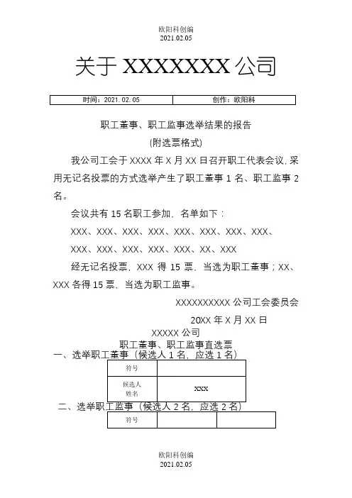 公司职工董事、职工监事选举结果报告(附选票格式)之欧阳科创编