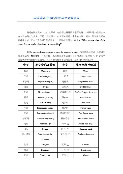 英语语法专有名词中英文对照说法