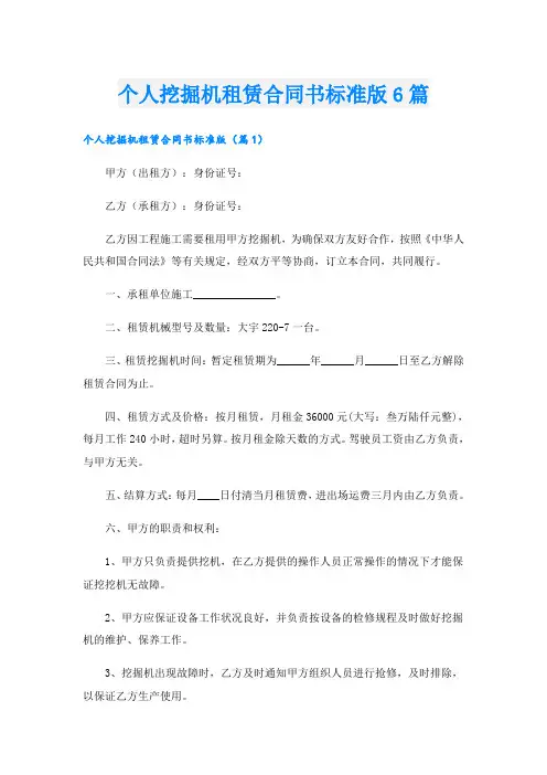 个人挖掘机租赁合同书标准版6篇