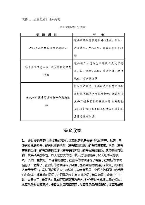企业奖励项目分类表